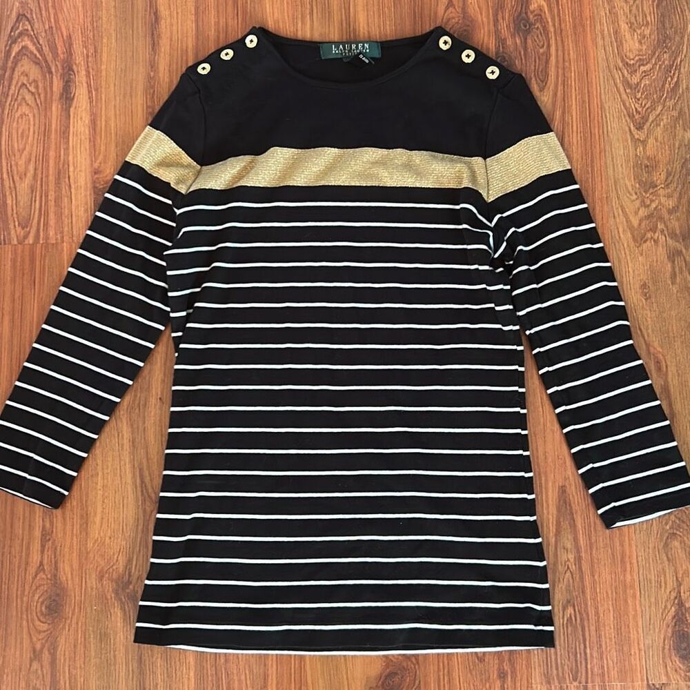 Lauren Ralph Lauren nautical black white gold knit top size PXS